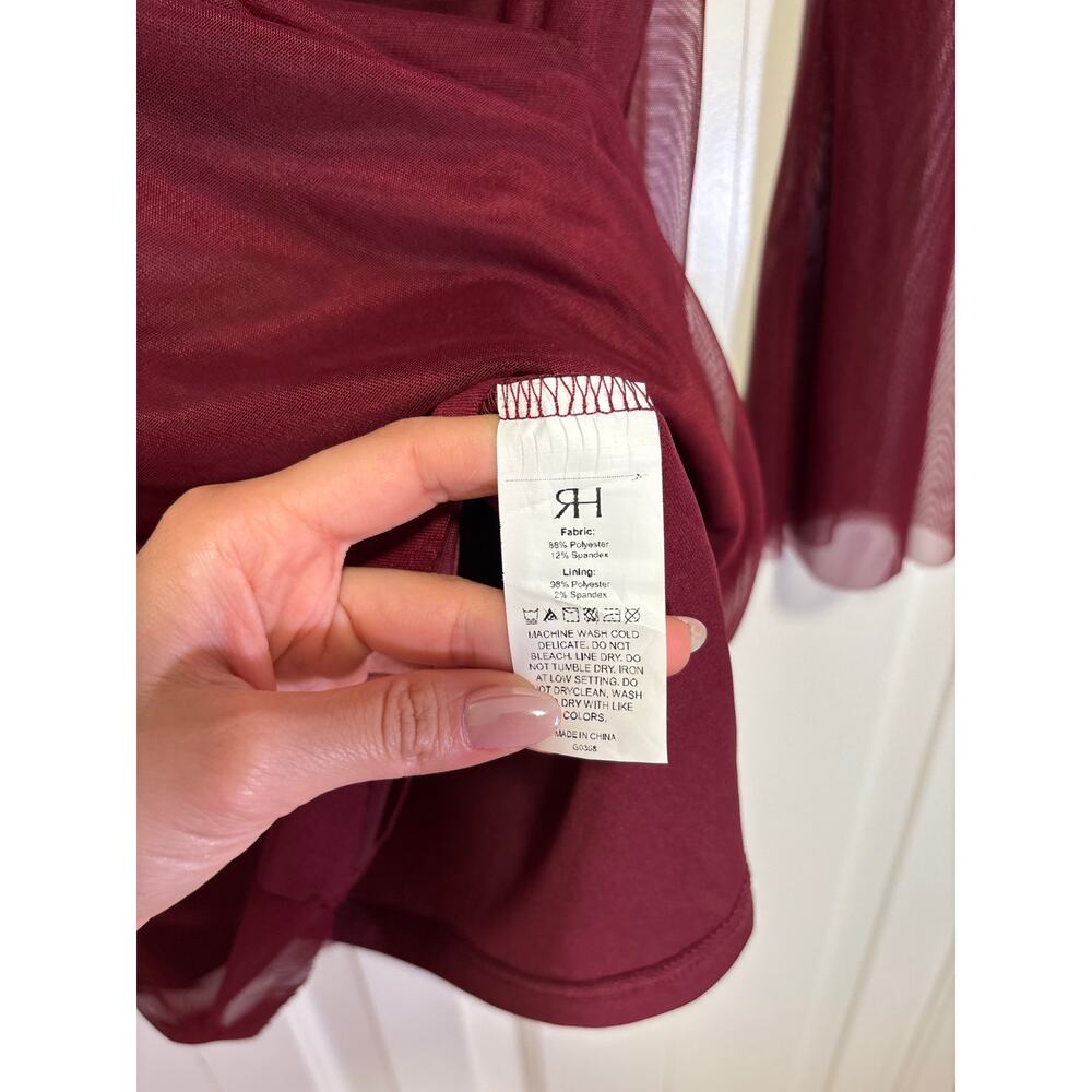 RIHOAS Women's Burgundy Mesh Bell Sleeve Mini Dress Size S NWT - Picture 6 of 8